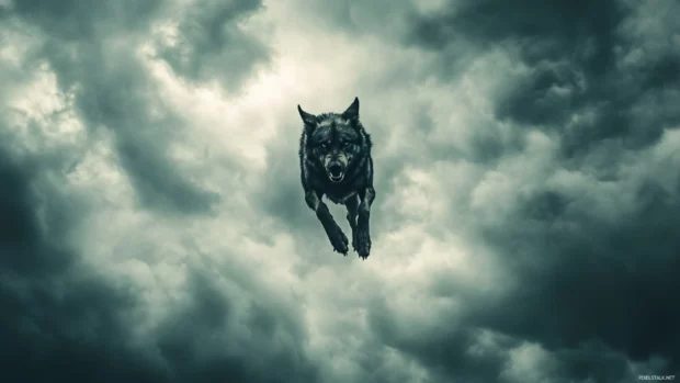 Dark clouds swirl above as the wolf leaps forward with rage in its eyes.