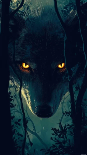 Dark forest landscape with glowing wolf eyes peering from the shadows.