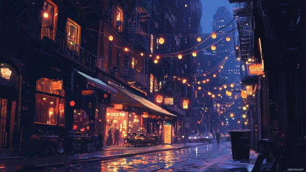 Dark mode city nights wallpaper for PC showcasing bright city streets.