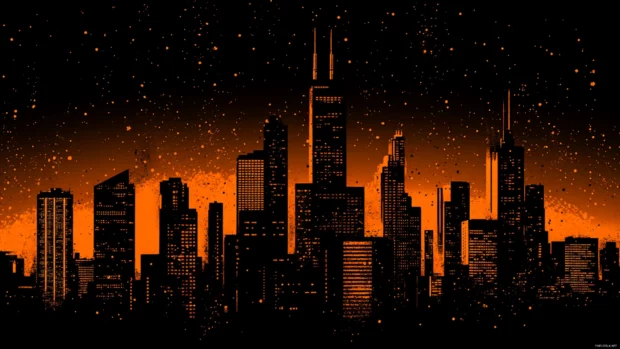 Dark silhouettes of skyscrapers emerging in the glow of the night city.