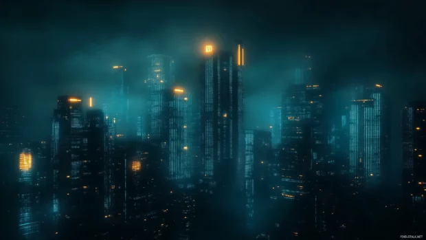 Dark themed Cyberpunk scene featuring neon lighting and modern skyscrapers in a minimal layout.