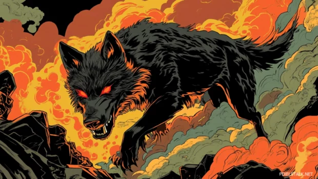 Dark themed art of a crimson eyed wolf descending from a mountain with a storm forming above.