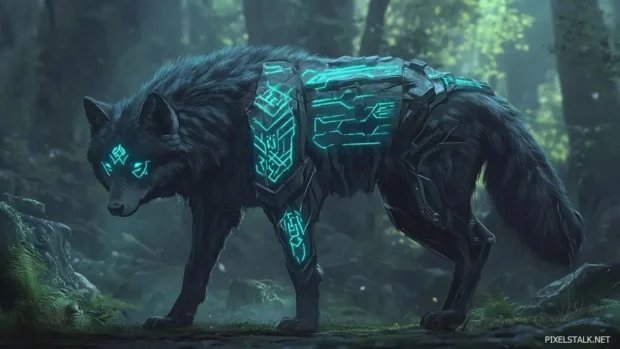 Dark wolf in the forest with neon blue runes glowing on its fur.