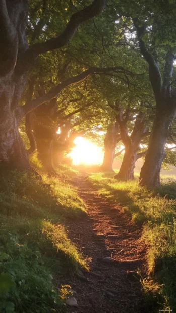 Dawn Light cascading through ancient trees.
