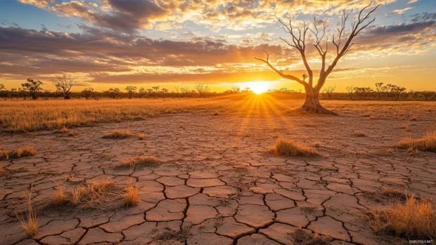 Dawn breaks over arid lands with golden radiance.