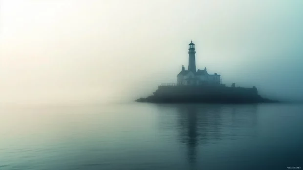 Dawn fog surrounds a lighthouse, hiding all but its light.