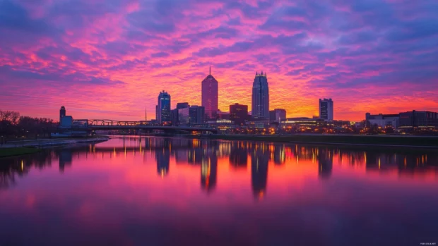 Dawn paints the skyline with brilliant pinks and oranges.