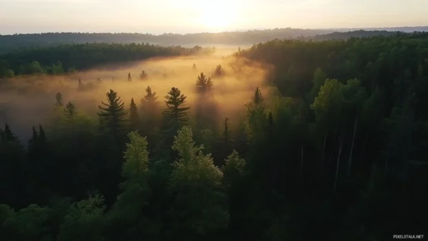 Daylight breaks gently over the forest canopy.