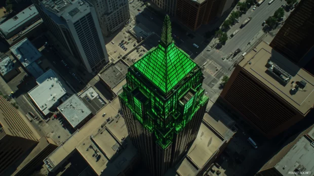 Daylight view of Dallas downtown with the green lit Bank of America Plaza and active urban streets.