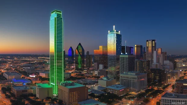 Daytime view of Dallas downtown with the green lit Bank of America Plaza and bustling streets.