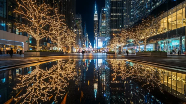 Dazzling lights of Midtown reflected in a Night New York City Wallpaper.