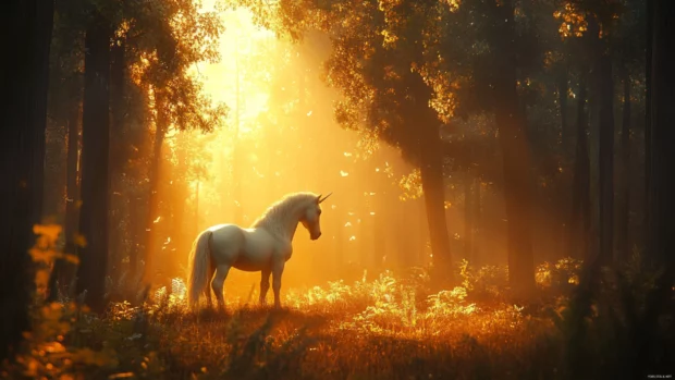 Deep forest silence surrounds a unicorn bathed in morning light.