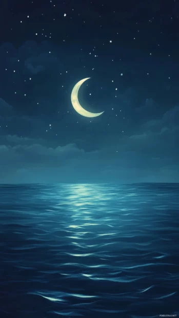 Deep indigo backdrop serene night sky twinkling stars bright crescent moon.