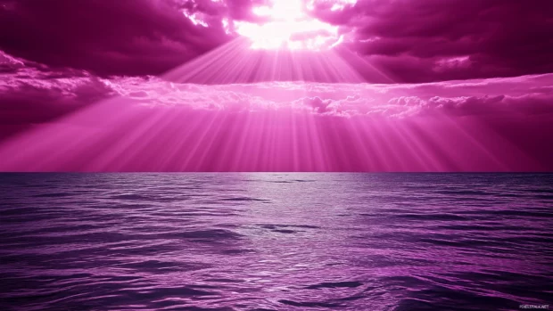 Deep purple sky with bold magenta clouds and soft beams of sunlight breaking through.