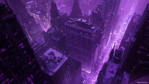 Deep violet tones surround a bustling City Night.