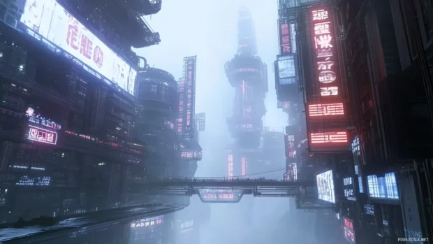 Dense and moody Cyberpunk setting featuring high rises, bright signage, and a fog filled backdrop.