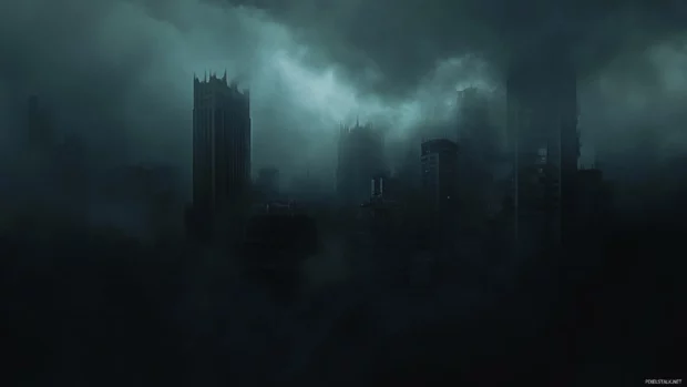 Dense fog rolling through a quiet black city skyline.