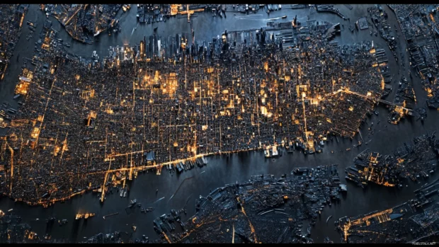 Dense urban layers of New York City illuminated at dusk.