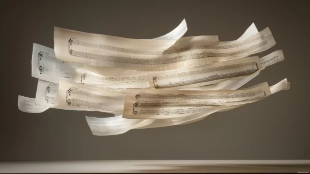 Depth and movement evoking beauty of music abstract composition layers of translucent sheet music floating against gradient background.