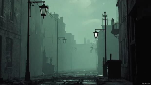 Desolate black city with narrow streets and vintage lampposts.