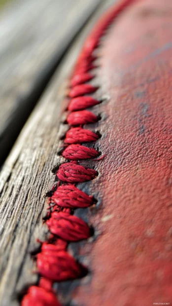 Detailed close up of red stitched baseball on wooden bench.