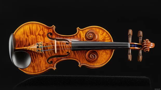 Detailed macro shot of a violin’s strings and bow, showcasing the intricate wood grain and fine craftsmanship.