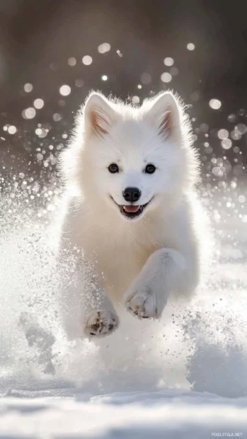 Determined white wolf running in snow, intense close up view.