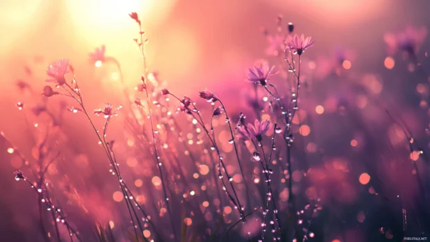 Dewy fields shimmer in the Sunrise Wallpaper for Desktop scene.