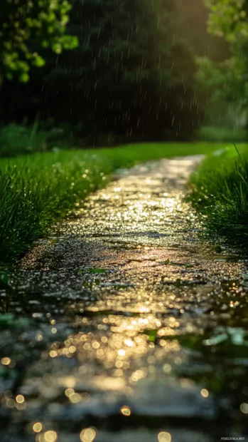 Diamond paths glisten with light rain reflections.