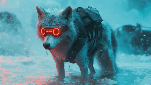 Digital art of a futuristic wolf with a visor and magnetic field rings.
