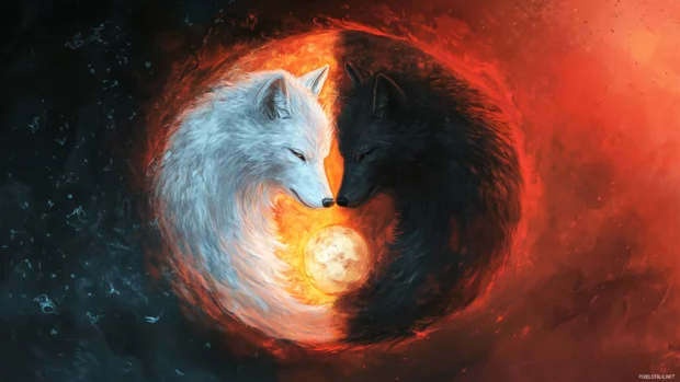 Digital art showing a split screen duality one white wolf one black wolf.