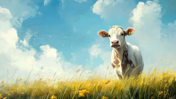 Digital painting of a gentle cow in fantasy field.