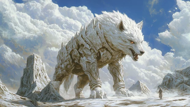Digital painting of a mythical armored wolf guarding a portal in the mountains.