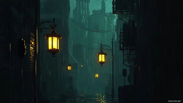 Dimly lit alley glowing under street lamps in a raining city.