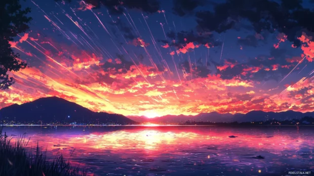 Distant mountains silhouette dramatic evening sky streaks of orange and pink.