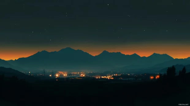 Distant mountains silhouetted behind a glowing black city wallpaper.