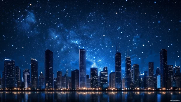 Distant view of a futuristic city skyline under a starry night sky.