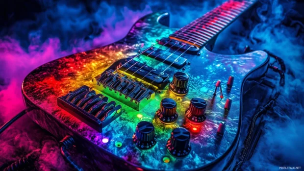 Distorted electric guitar haunting image plugged into pedal board vibrant colored lights reflecting off pedals energetic and edgy heavy metal ambiance.