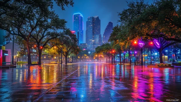 Downtown lights shimmering across soaked pavement.
