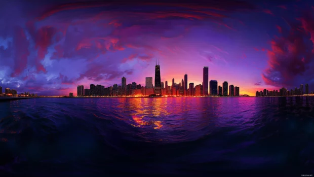 Dramatic Chicago skyline at dusk, city lights glow against vibrant purple and orange sky.