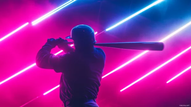 Dramatic baseball bat swing under neon lights.