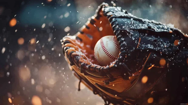 Dramatic close up of a baseball glove catching a ball, baseball wallpaper style.