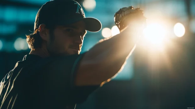Dramatic close up of a pitcher winding up for a throw.