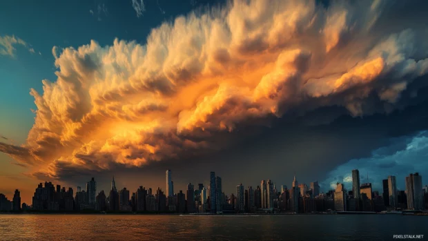 Dramatic clouds float above the skyline of New York City.