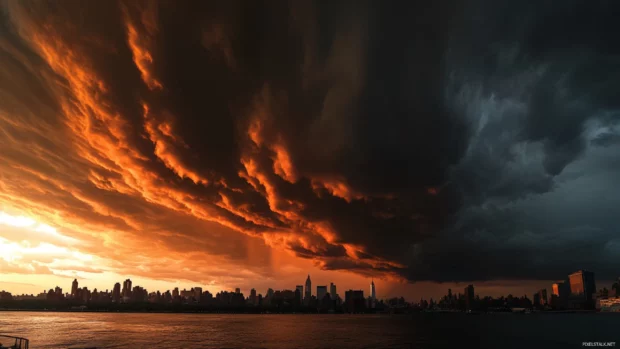 Dramatic clouds frame New York City skyline at sunset.