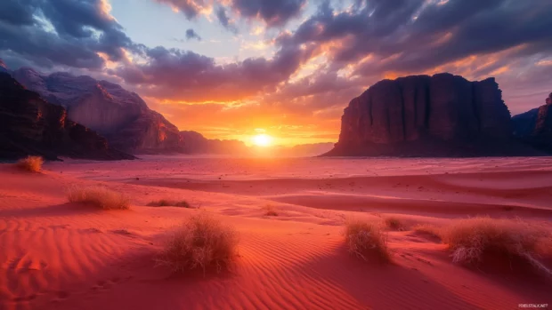 Dramatic clouds hover over a glowing Sunrise Wallpaper in Desert.