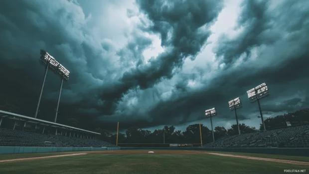 Dramatic clouds looming over empty baseball stands.