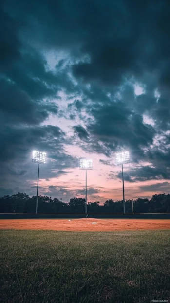 Dramatic field lights against evening clouds aesthetic baseball wallpaper.