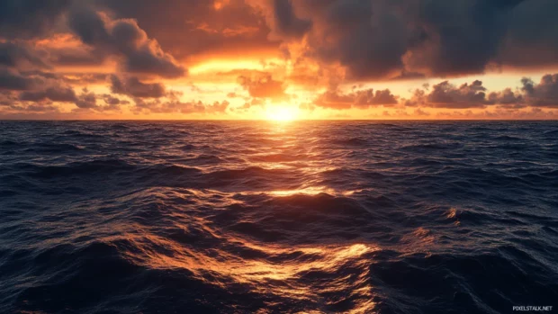 Dramatic sky over calm ocean waves in this artistic sunrise wallpaper over ocean.