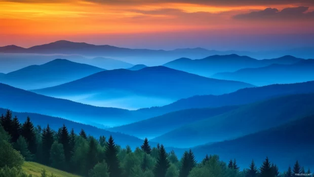Dramatic sunrise illuminating foggy valleys.